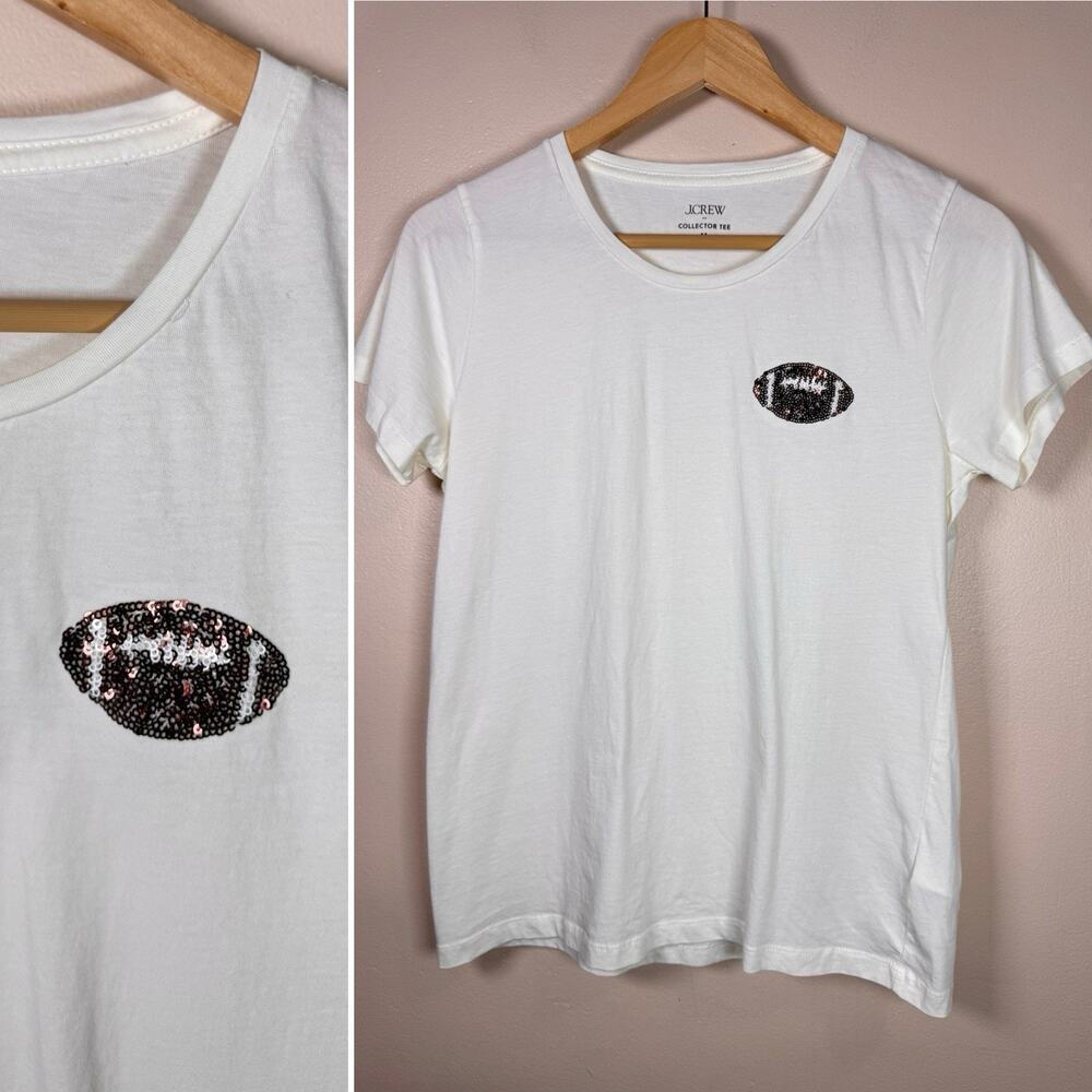J. Crew Womens Crewneck Collector Tee Football Sequin Embroidered Cream